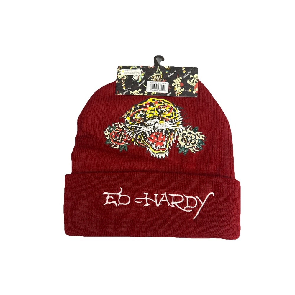 Ed Hardy Unisex's 2PK Hats Beanies Screaming Tiger And Rhinestone‎ Grey Burgundy